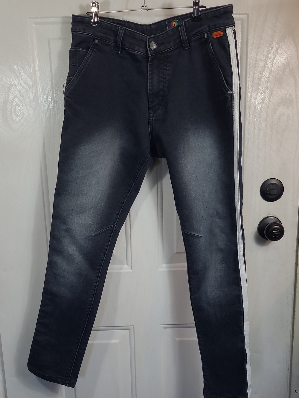 Slim Black Washed Men's Jeans with White Side Stripe